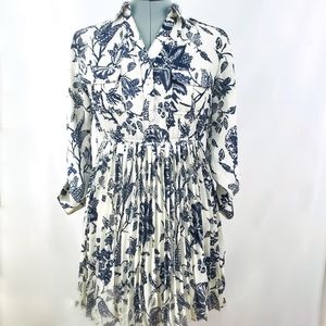 Gabriella Rocha Navy Ivory Floral Pleated Dress LG